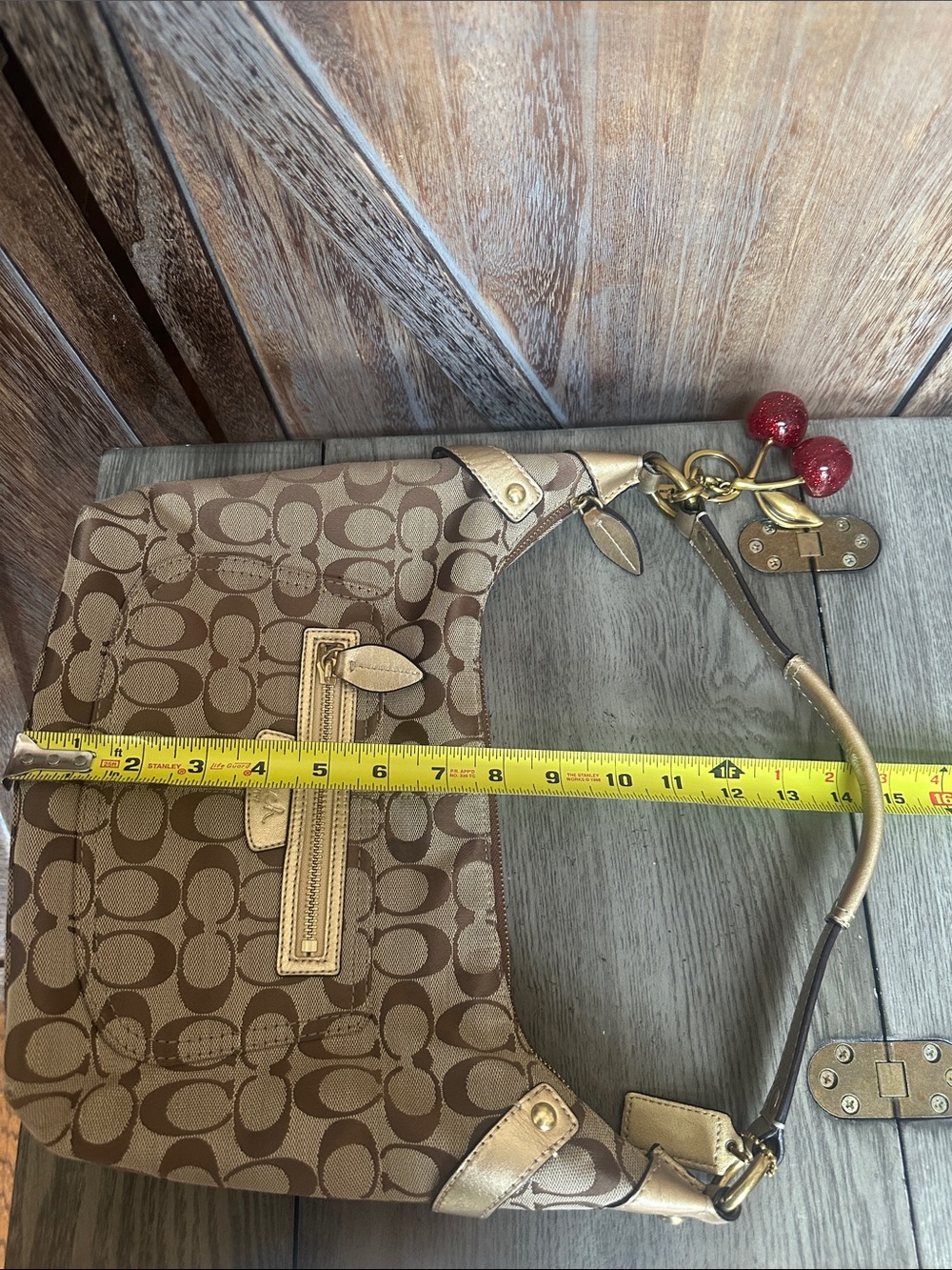 Coach Signature C Penelope Jacquard Logo Gold Leather Trim & Coach Cherry Charm - Picture 13 of 16